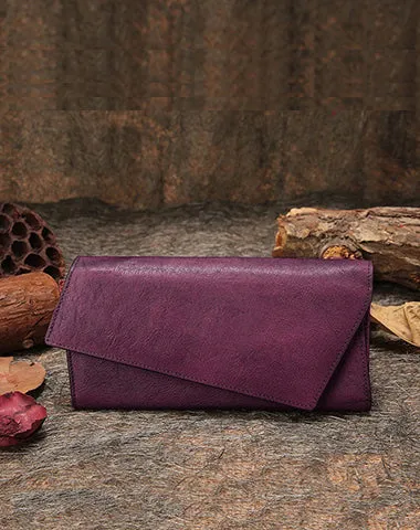 Brown Womens Vintage Leather Trifold Long Wallet Geometry Clutch Long Wallet for Ladies