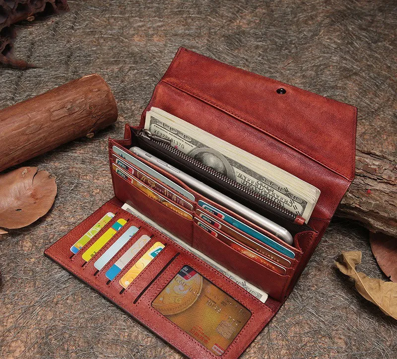 Brown Womens Vintage Leather Trifold Long Wallet Geometry Clutch Long Wallet for Ladies