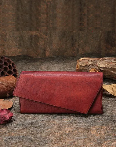 Brown Womens Vintage Leather Trifold Long Wallet Geometry Clutch Long Wallet for Ladies
