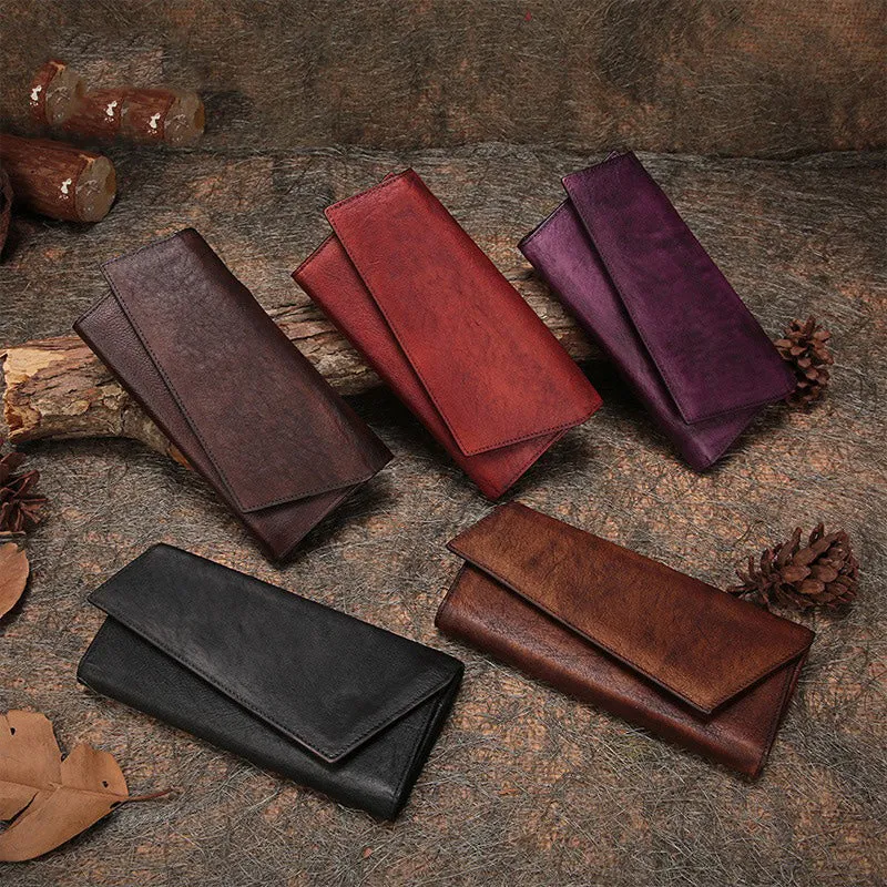 Brown Womens Vintage Leather Trifold Long Wallet Geometry Clutch Long Wallet for Ladies