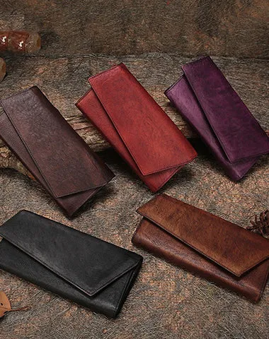 Brown Womens Vintage Leather Trifold Long Wallet Geometry Clutch Long Wallet for Ladies