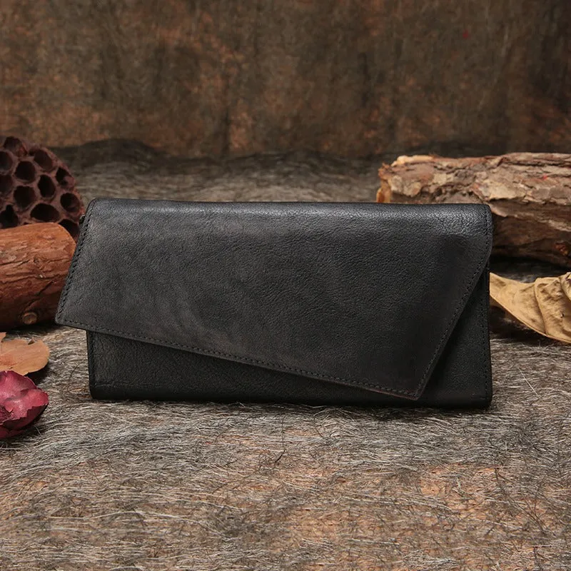 Brown Womens Vintage Leather Trifold Long Wallet Geometry Clutch Long Wallet for Ladies