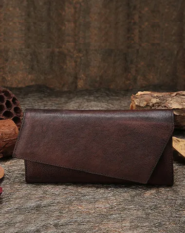 Brown Womens Vintage Leather Trifold Long Wallet Geometry Clutch Long Wallet for Ladies