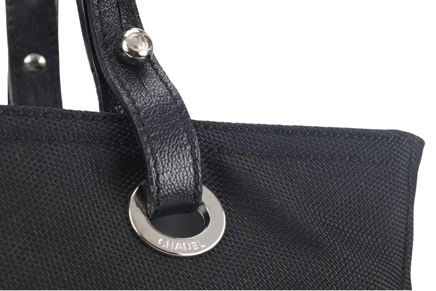 CHANEL PARIS BIARRITZ MEDIUM TOTE (1251xxxx) BLACK COATED CANVAS SILVER HARDWARE WITH CARD, DUST COVER AND BOX
