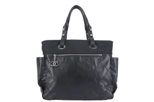 CHANEL PARIS BIARRITZ MEDIUM TOTE (1251xxxx) BLACK COATED CANVAS SILVER HARDWARE WITH CARD, DUST COVER AND BOX