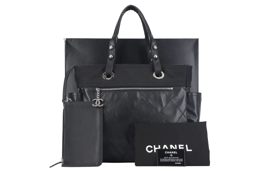 CHANEL PARIS BIARRITZ MEDIUM TOTE (1251xxxx) BLACK COATED CANVAS SILVER HARDWARE WITH CARD, DUST COVER AND BOX