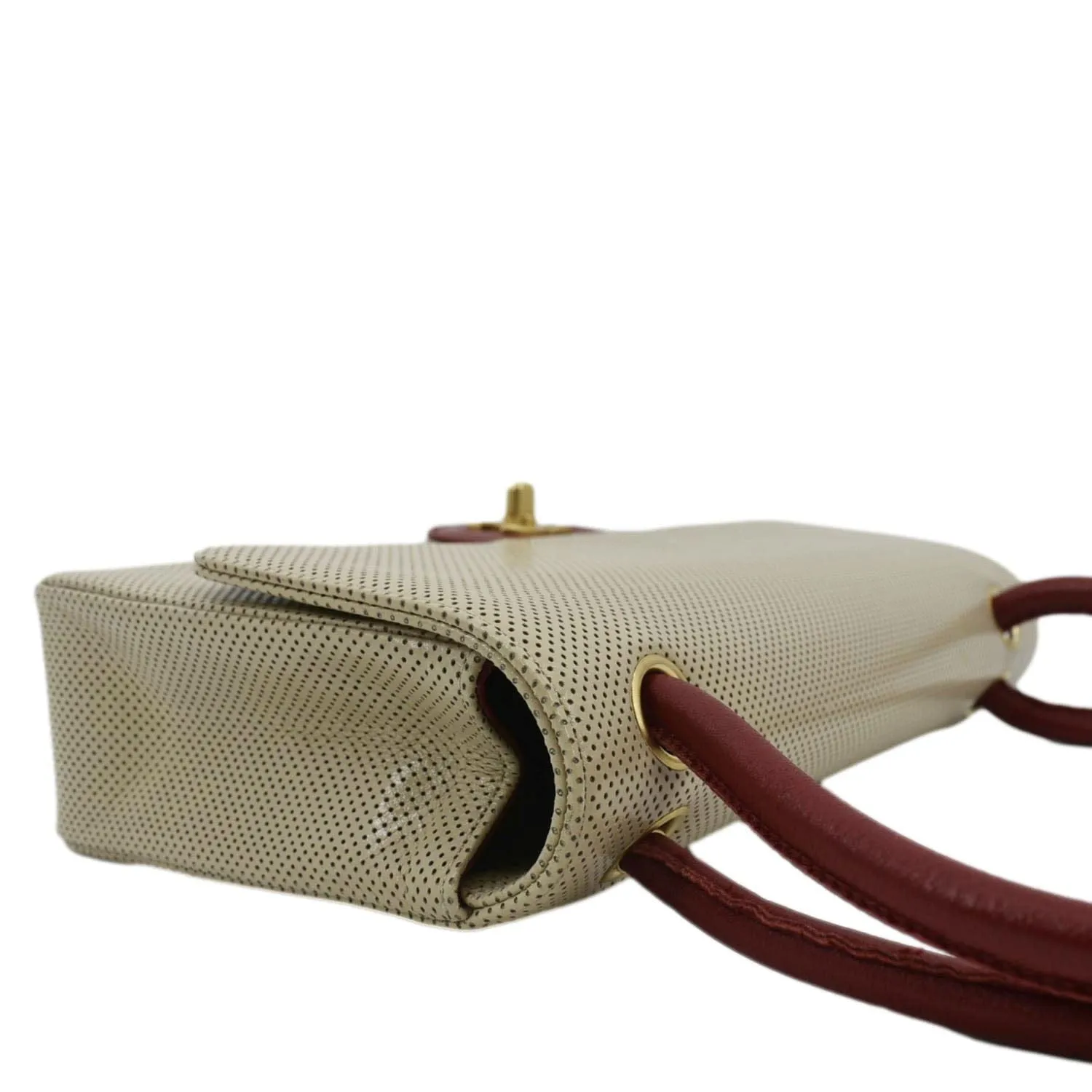 CHANEL Vintage Flap Perforated Leather Top Handle Shoulder Bag Beige