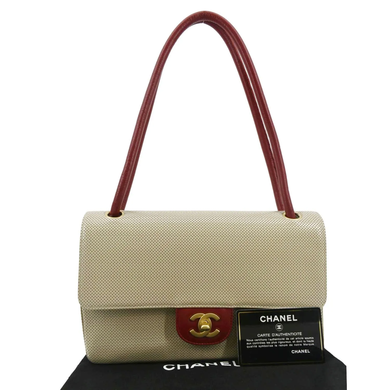 CHANEL Vintage Flap Perforated Leather Top Handle Shoulder Bag Beige