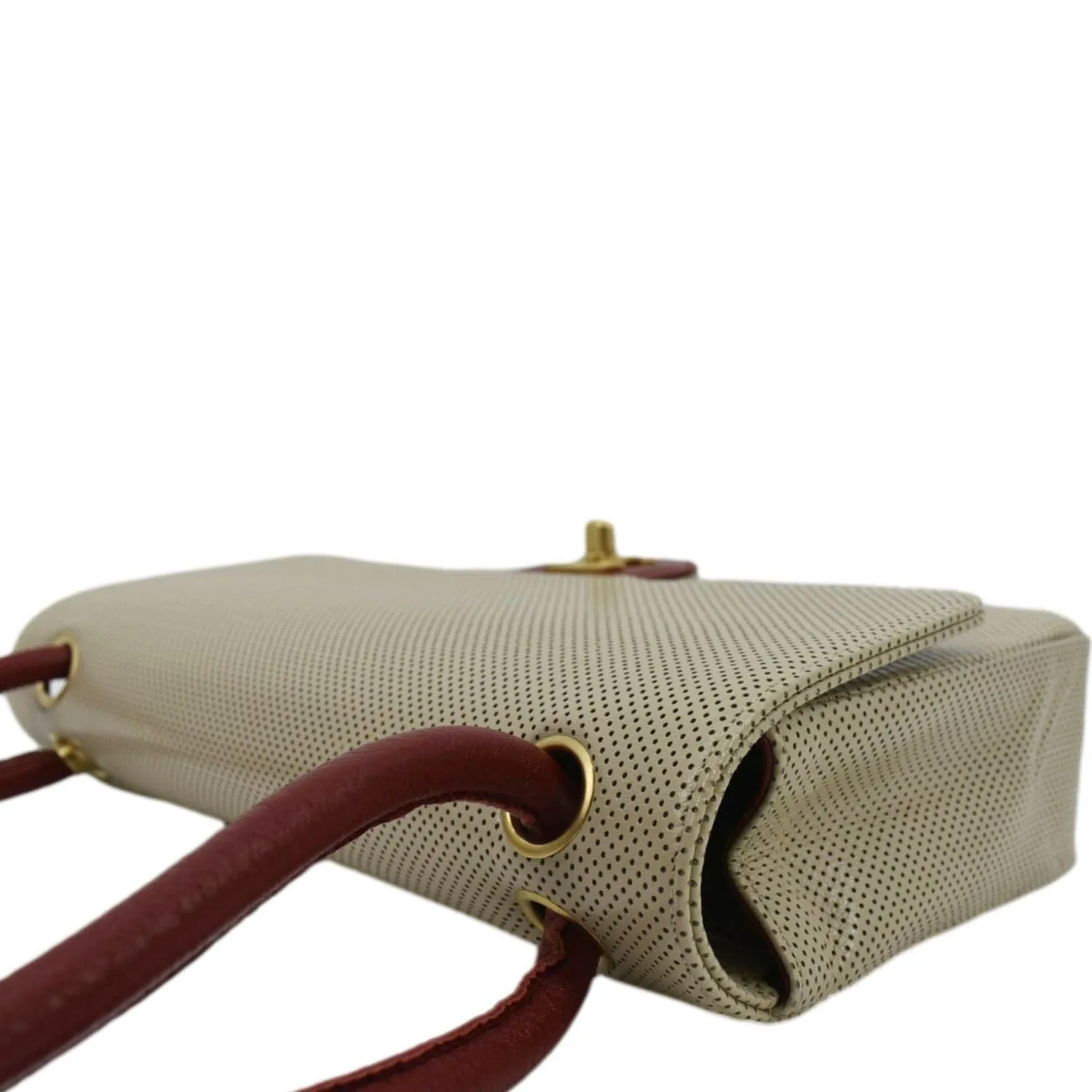 CHANEL Vintage Flap Perforated Leather Top Handle Shoulder Bag Beige