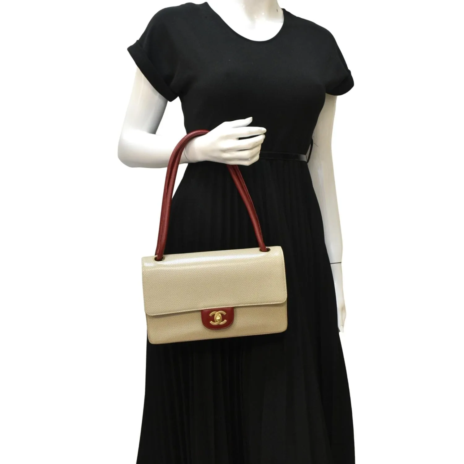 CHANEL Vintage Flap Perforated Leather Top Handle Shoulder Bag Beige