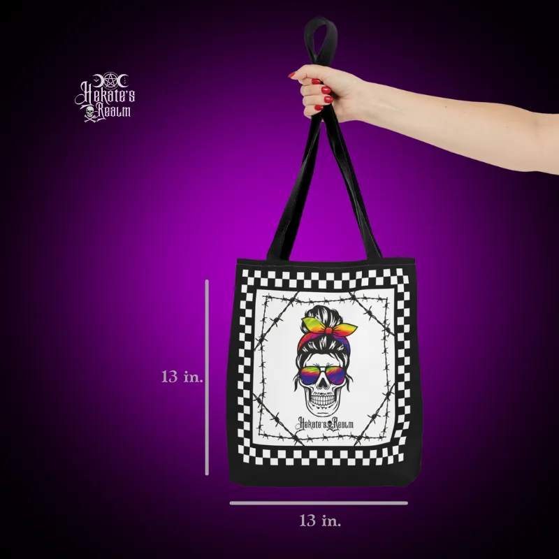 Checkered Rainbow Skull Tote Bag