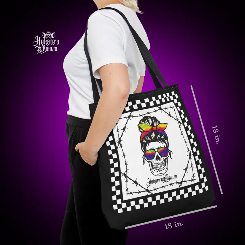 Checkered Rainbow Skull Tote Bag