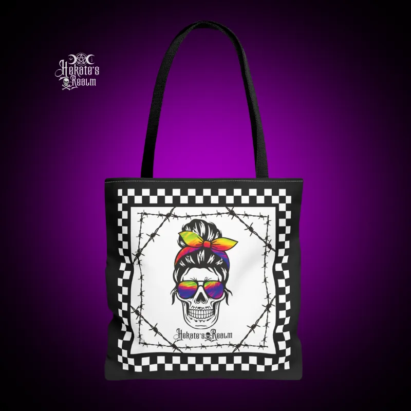 Checkered Rainbow Skull Tote Bag
