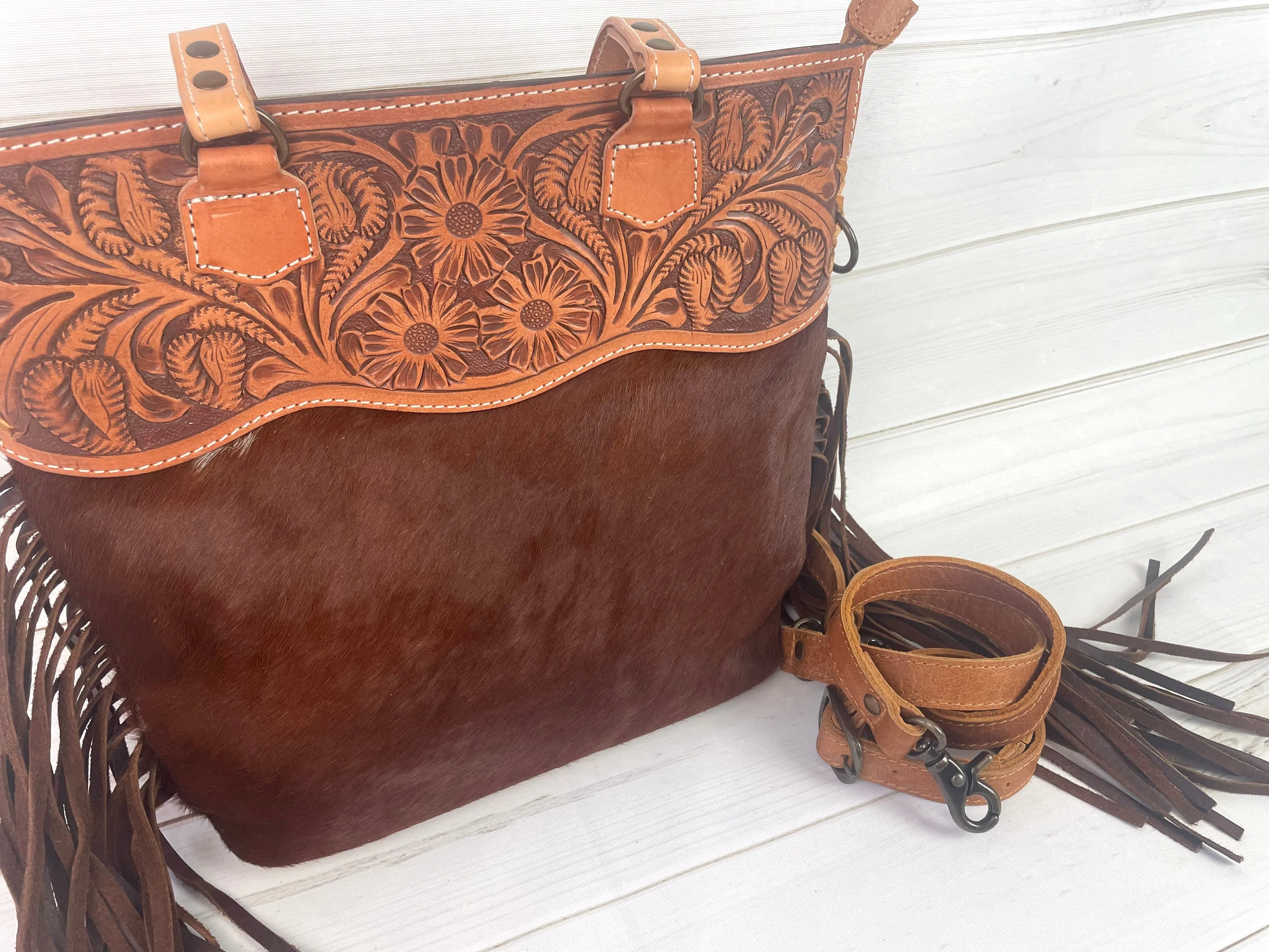 CLEARANCE! Brown Cowhide Western Leather Fringe Tote