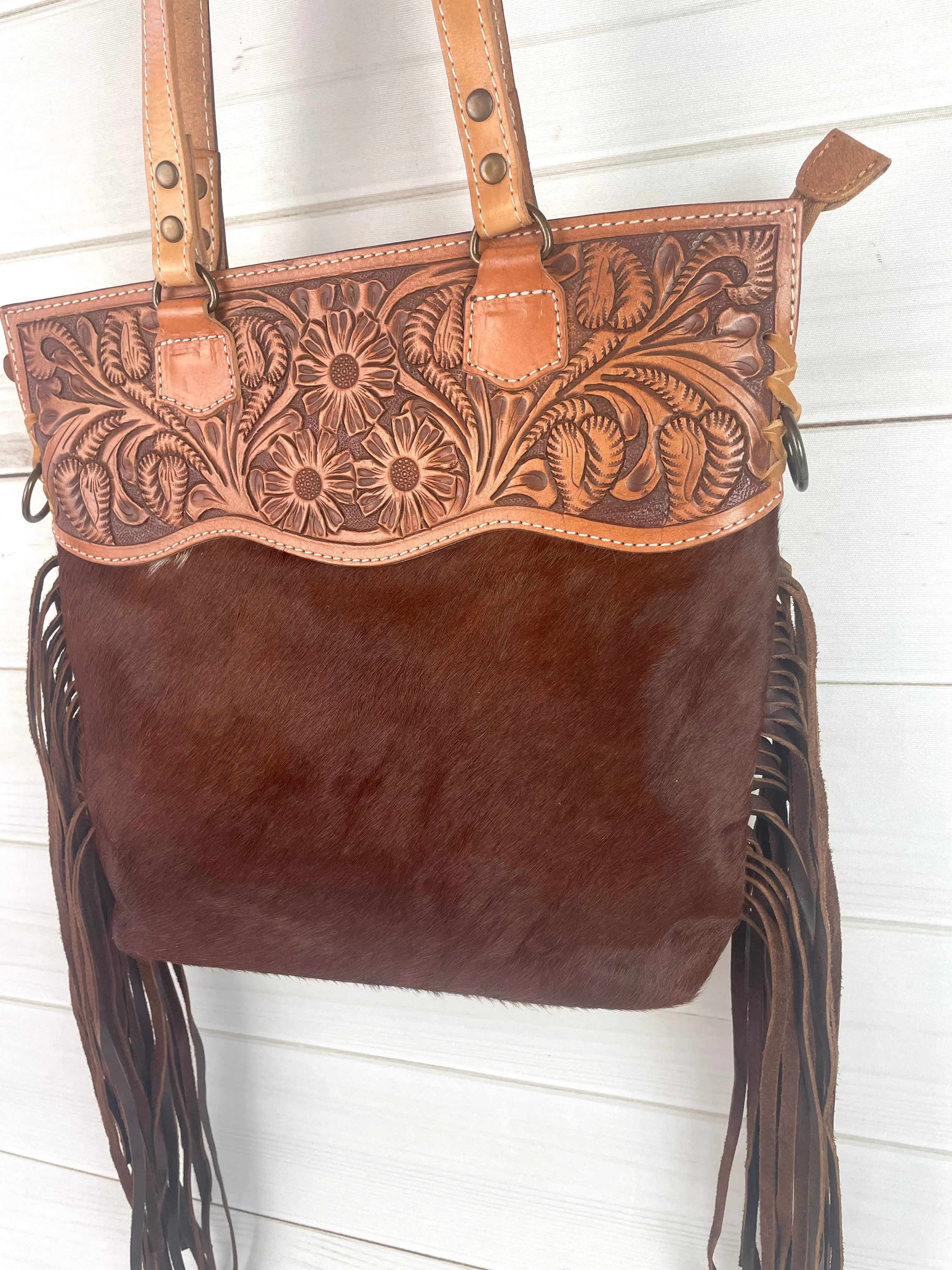 CLEARANCE! Brown Cowhide Western Leather Fringe Tote