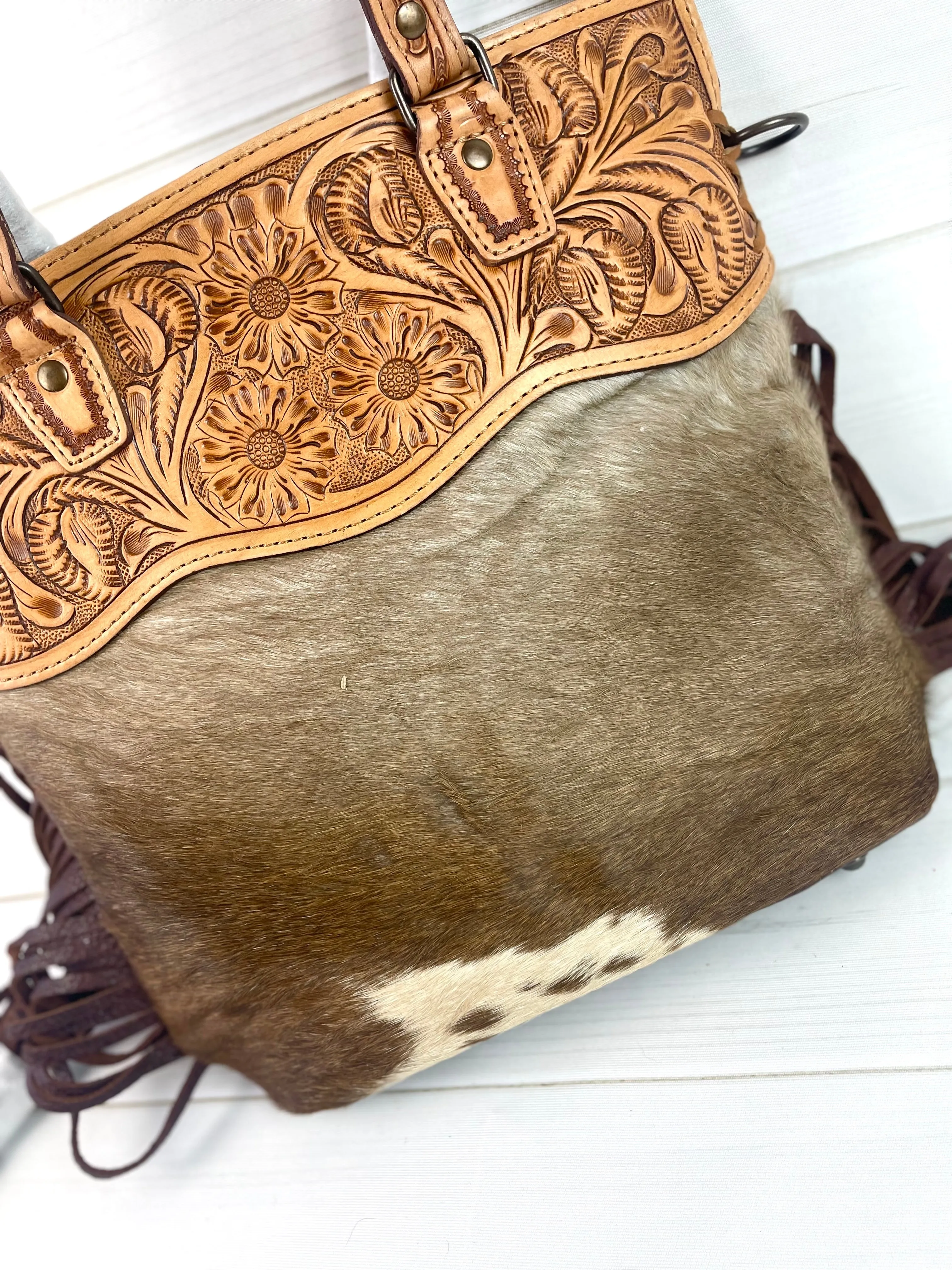 CLEARANCE! Brown Cowhide Western Leather Fringe Tote