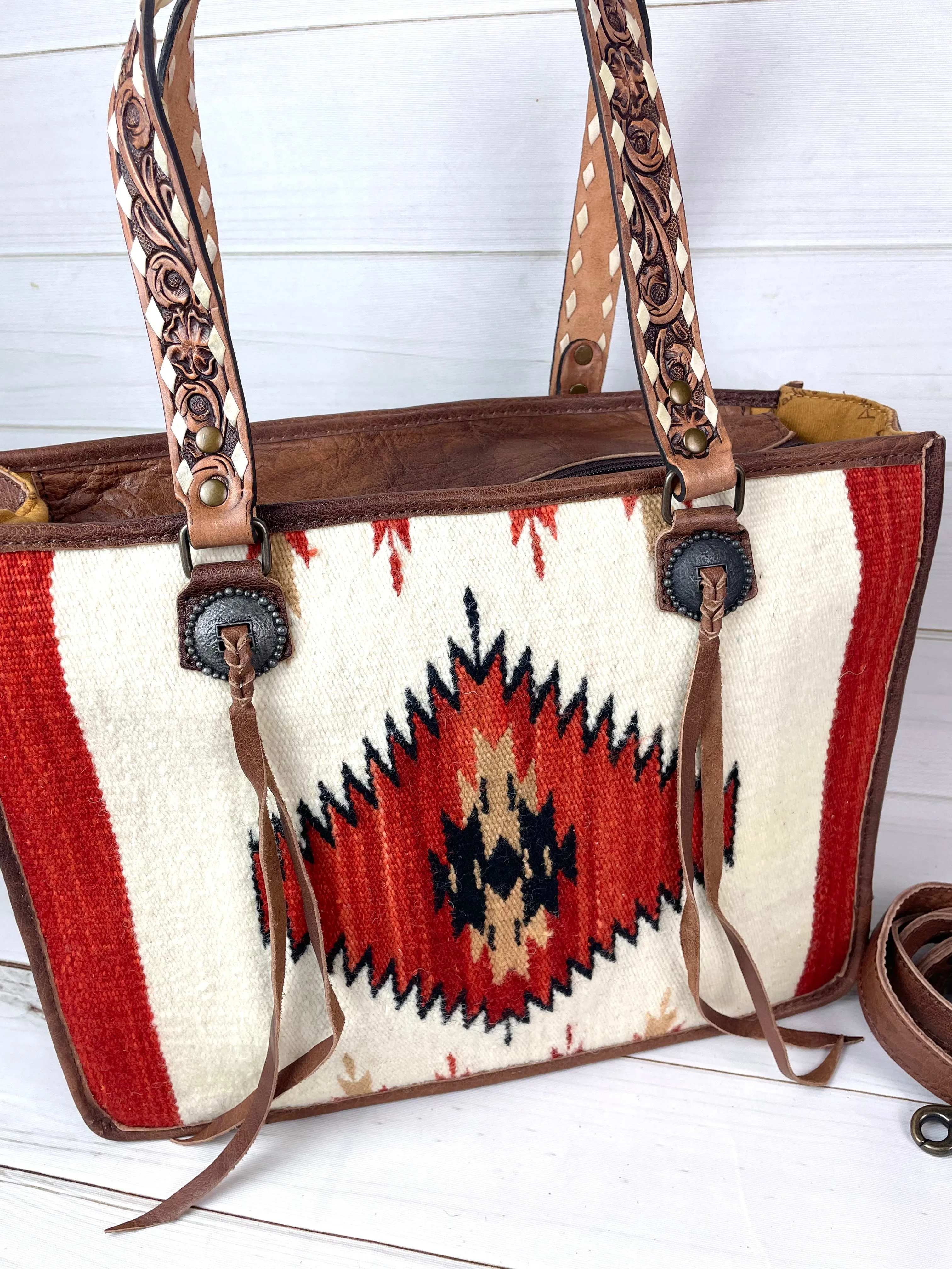CLEARANCE! Cream and Red Wool & Leather Western Large Tote