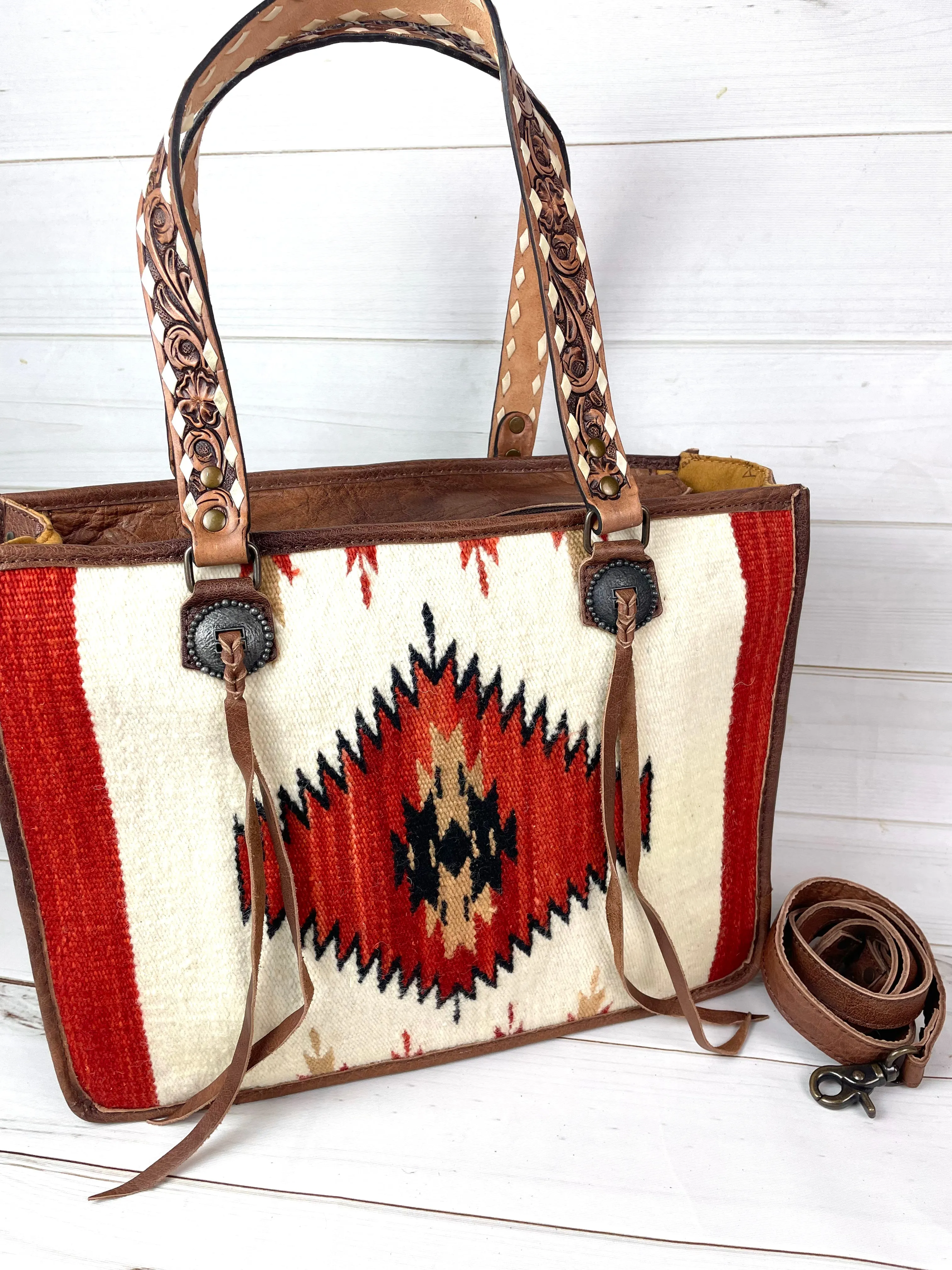 CLEARANCE! Cream and Red Wool & Leather Western Large Tote