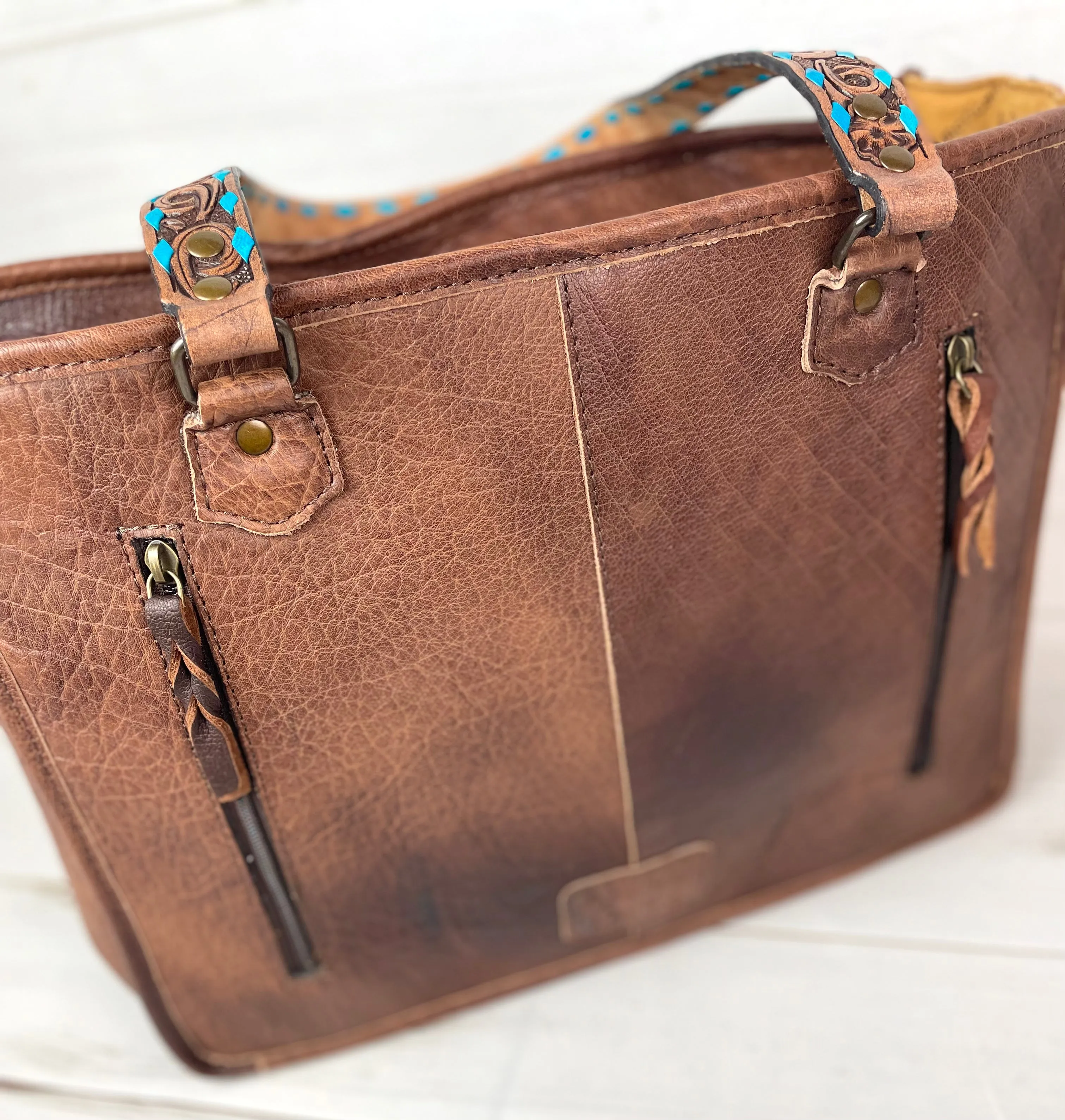 CLEARANCE! Cream and Red Wool & Leather Western Large Tote