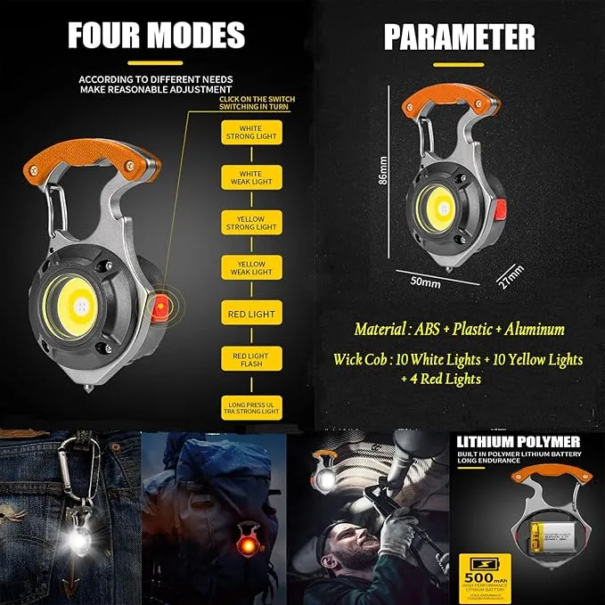 COB Keychain Work Light with 3 Compressed Towels - Rechargeable Flashlights 1000 Lumens, Portable 6 Lighting Modes with Magnet Bracket Window-Breaker Screwdriver Tool for Driving Tour