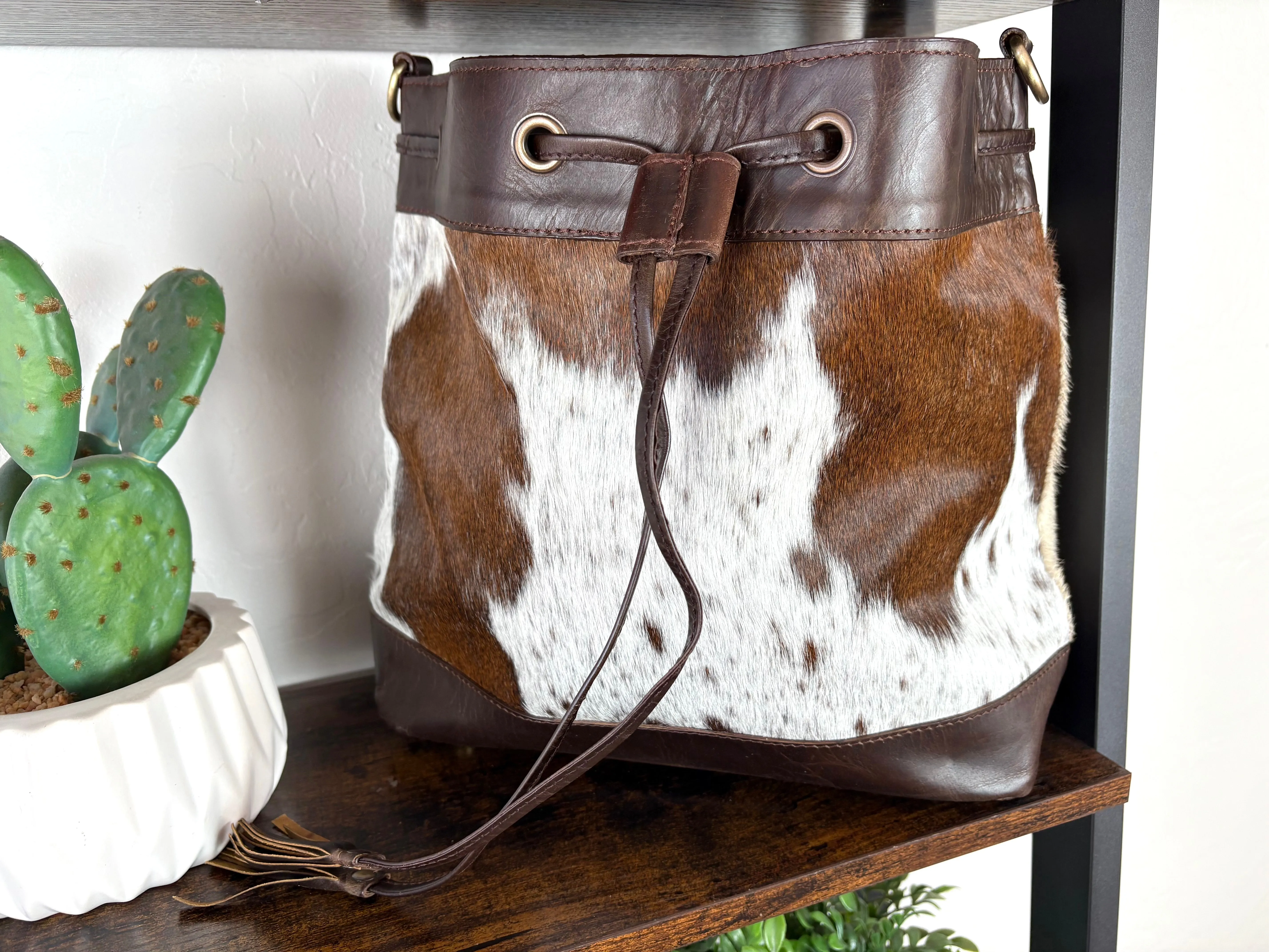 Cowhide and Leather Western Drawstring Bucket Bag
