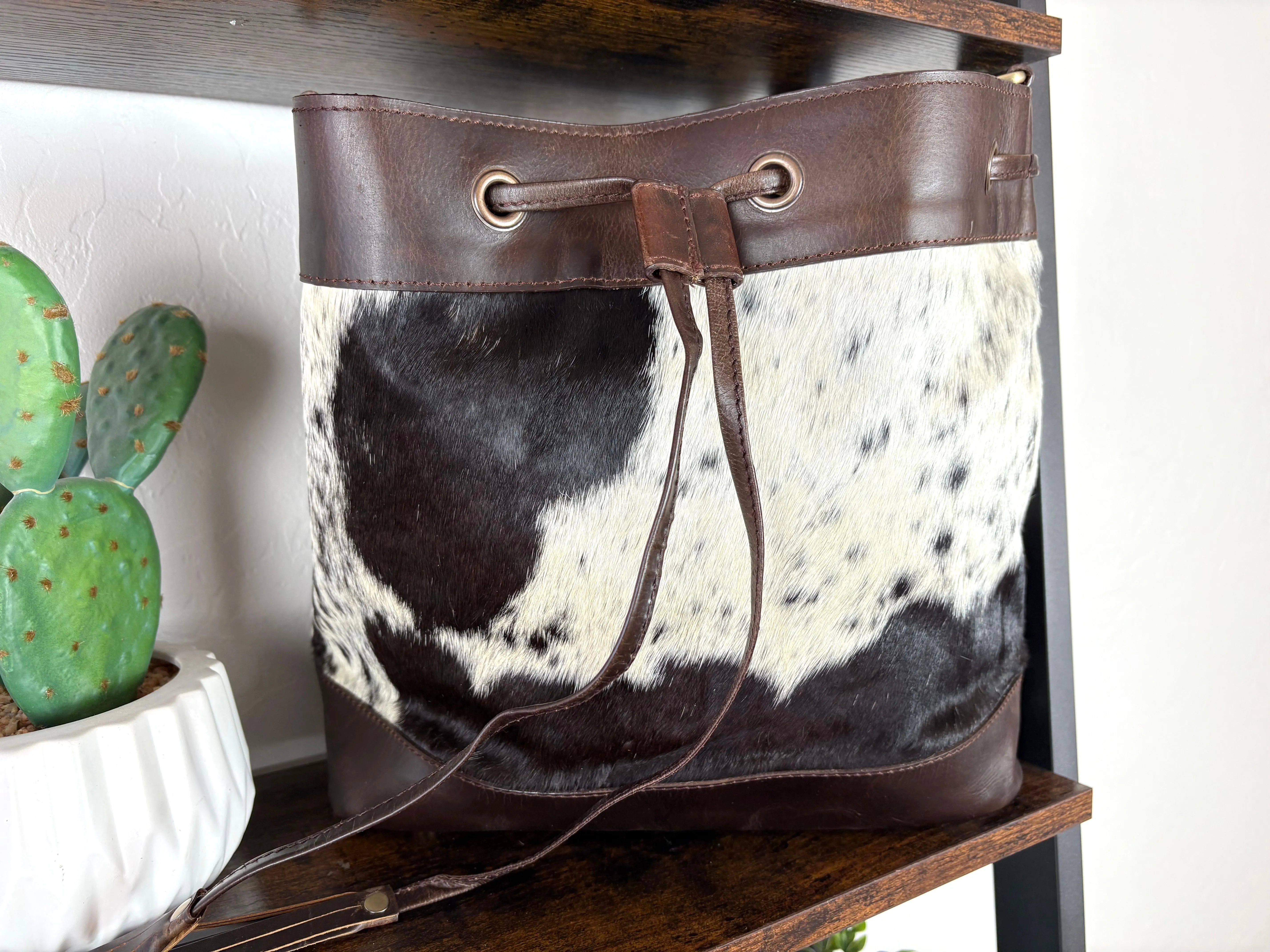 Cowhide and Leather Western Drawstring Bucket Bag