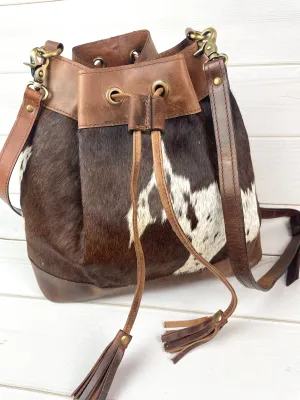 Cowhide and Leather Western Drawstring Bucket Bag