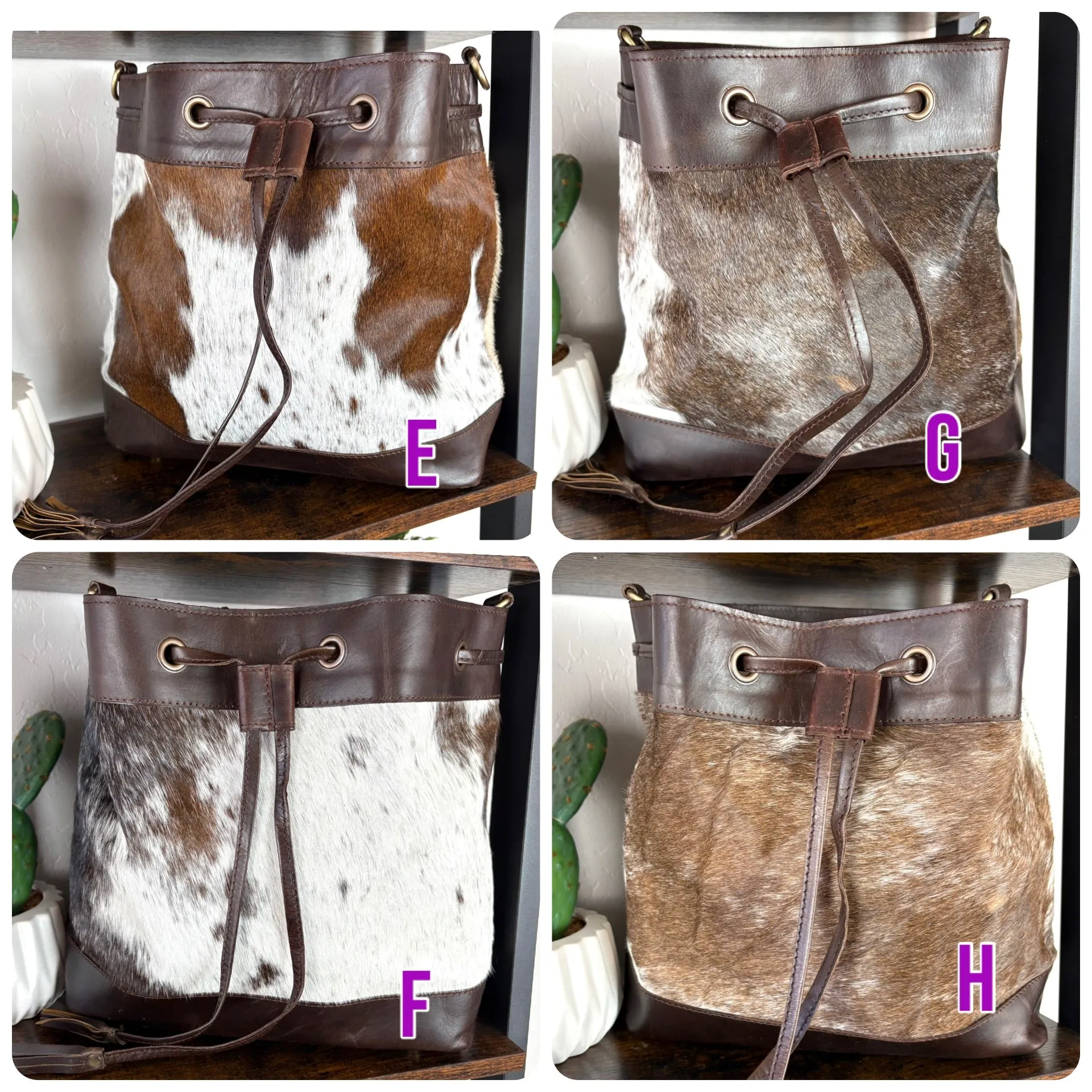 Cowhide and Leather Western Drawstring Bucket Bag
