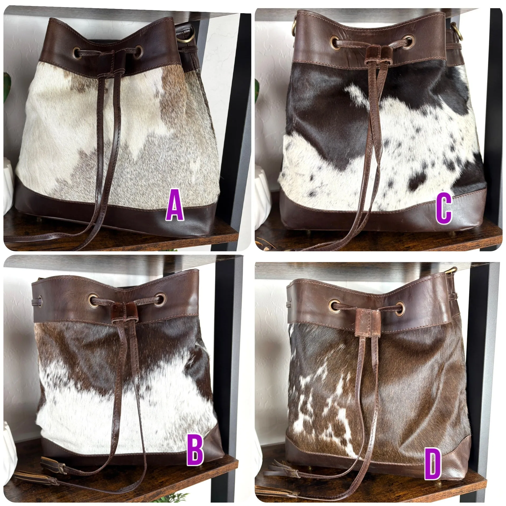 Cowhide and Leather Western Drawstring Bucket Bag