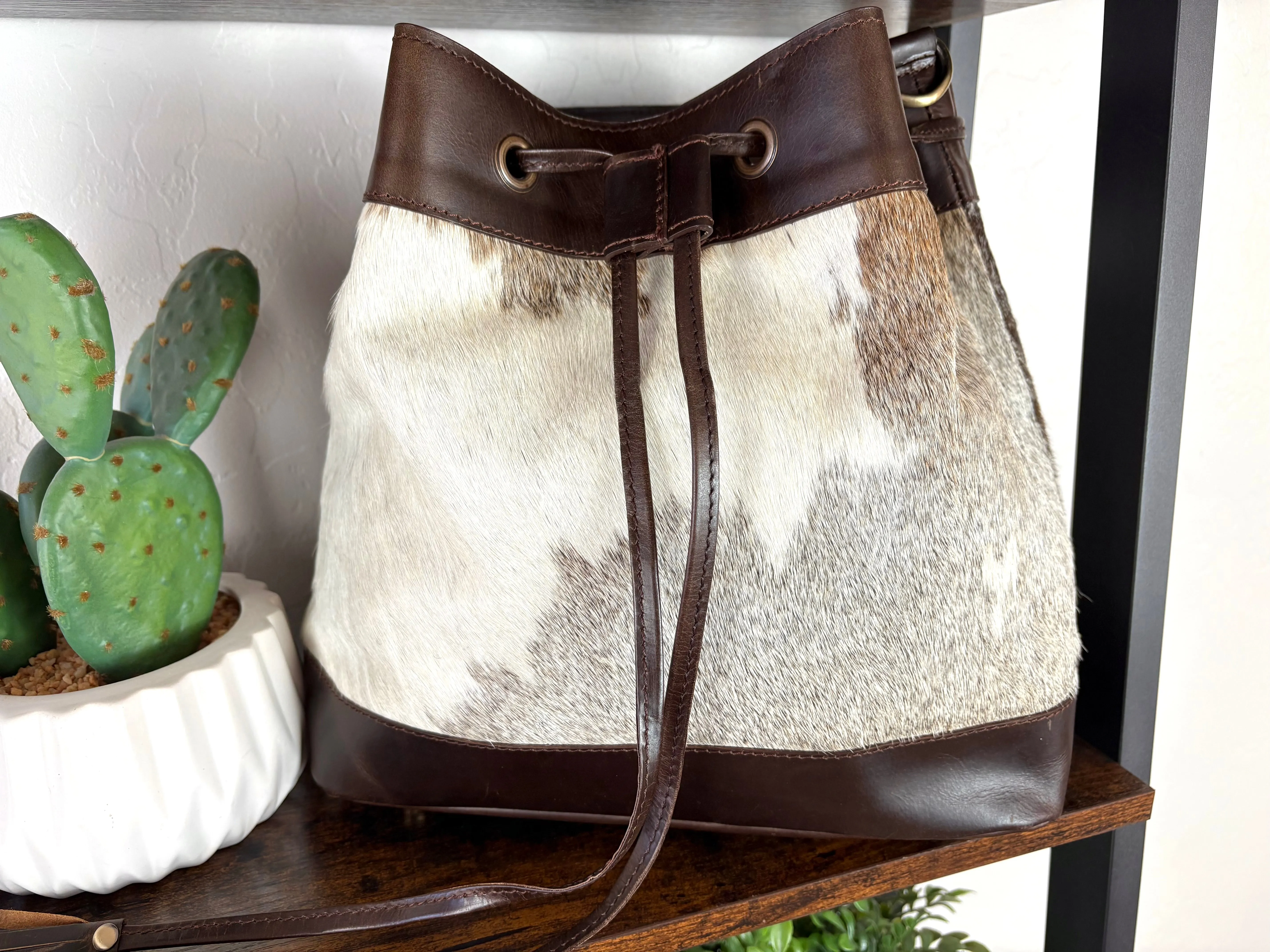 Cowhide and Leather Western Drawstring Bucket Bag