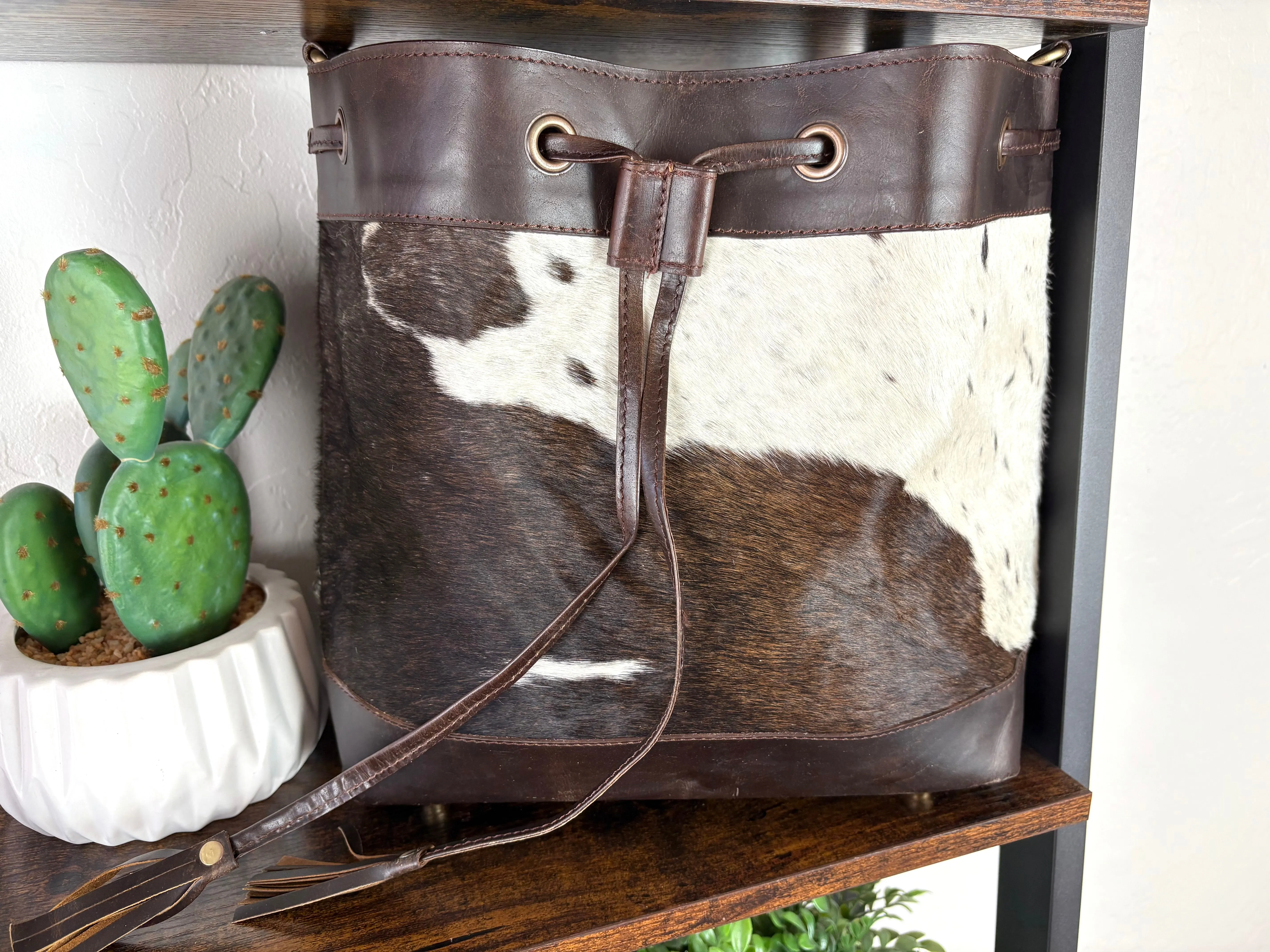 Cowhide and Leather Western Drawstring Bucket Bag