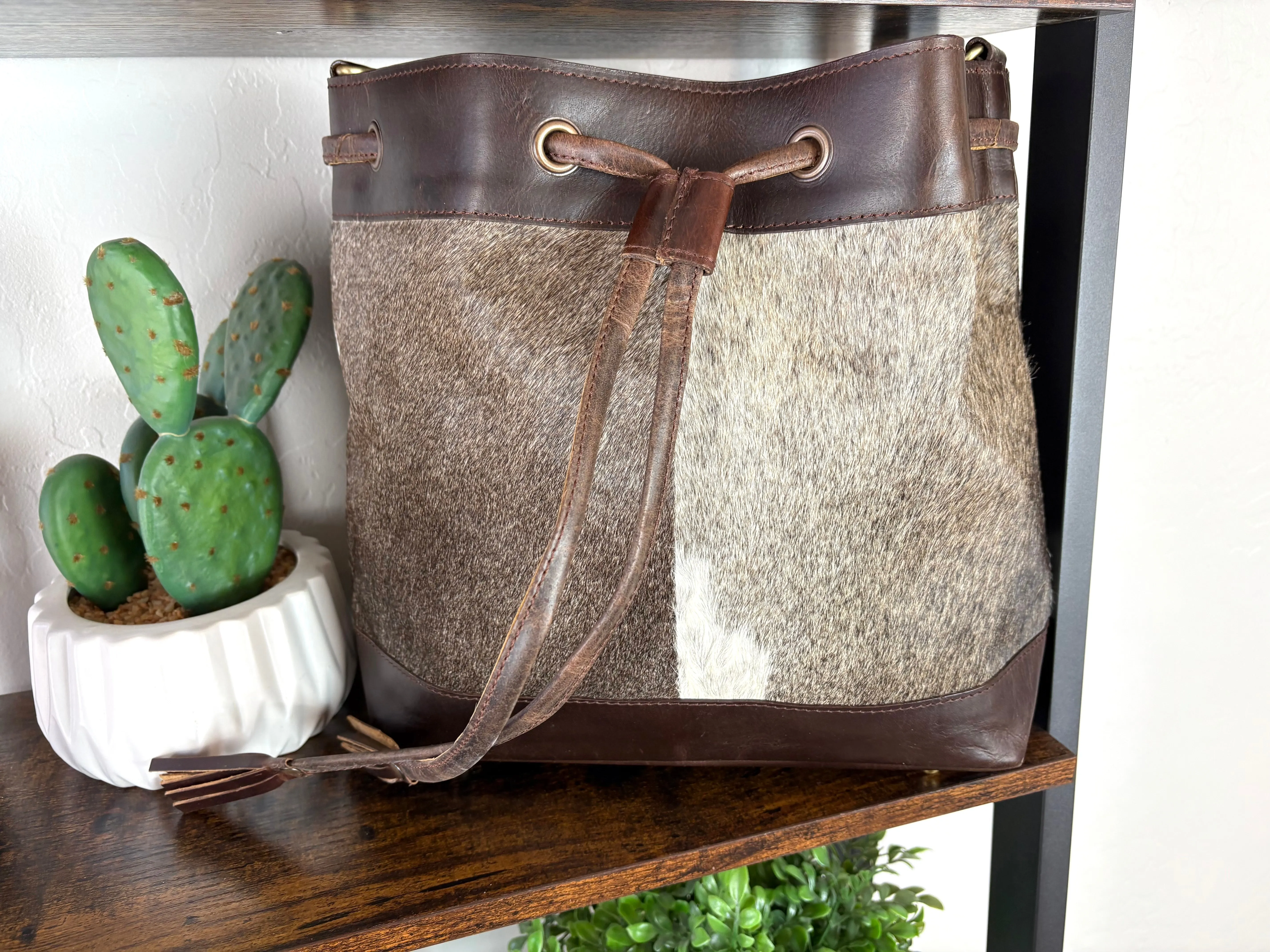 Cowhide and Leather Western Drawstring Bucket Bag