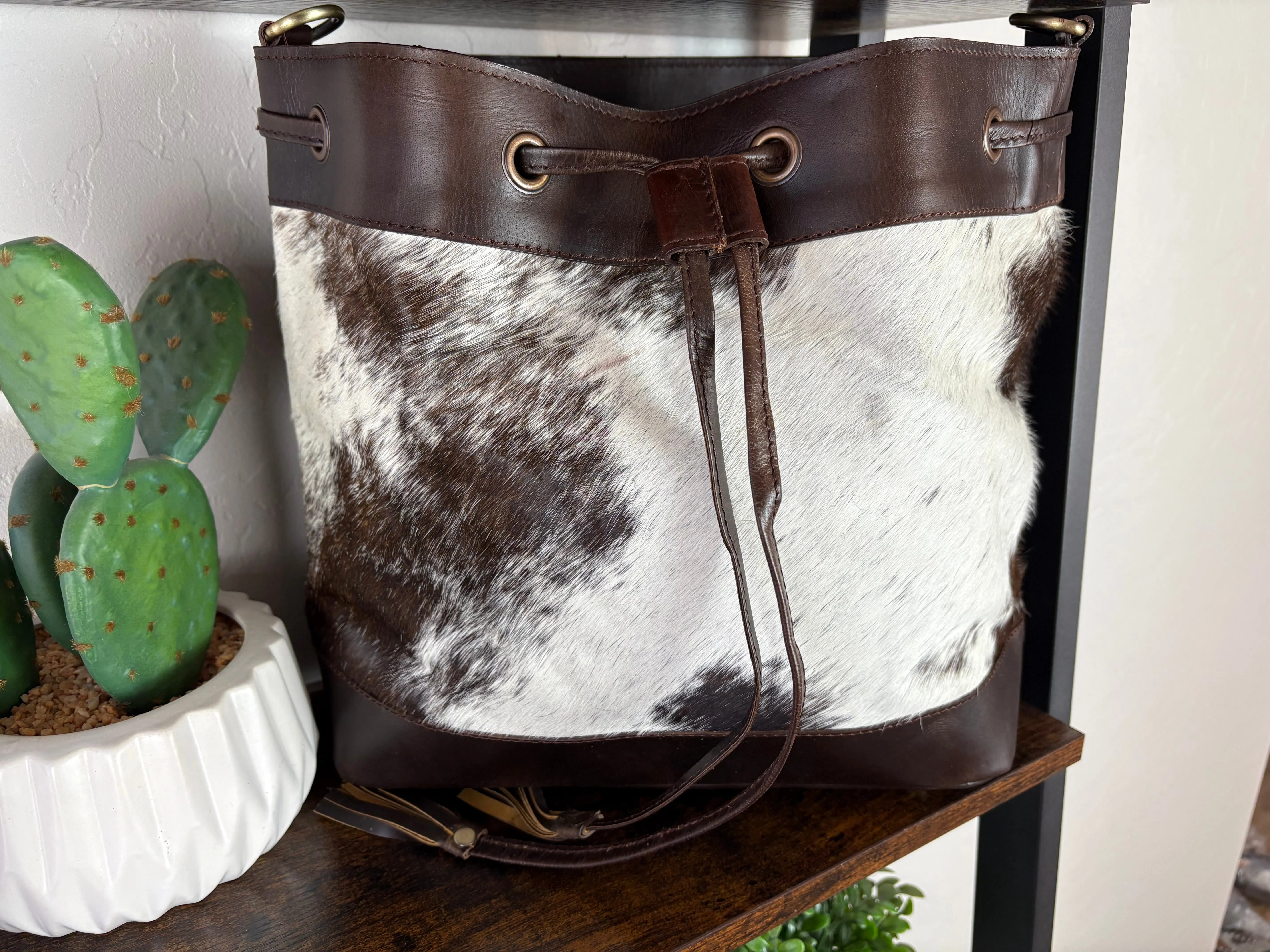 Cowhide and Leather Western Drawstring Bucket Bag