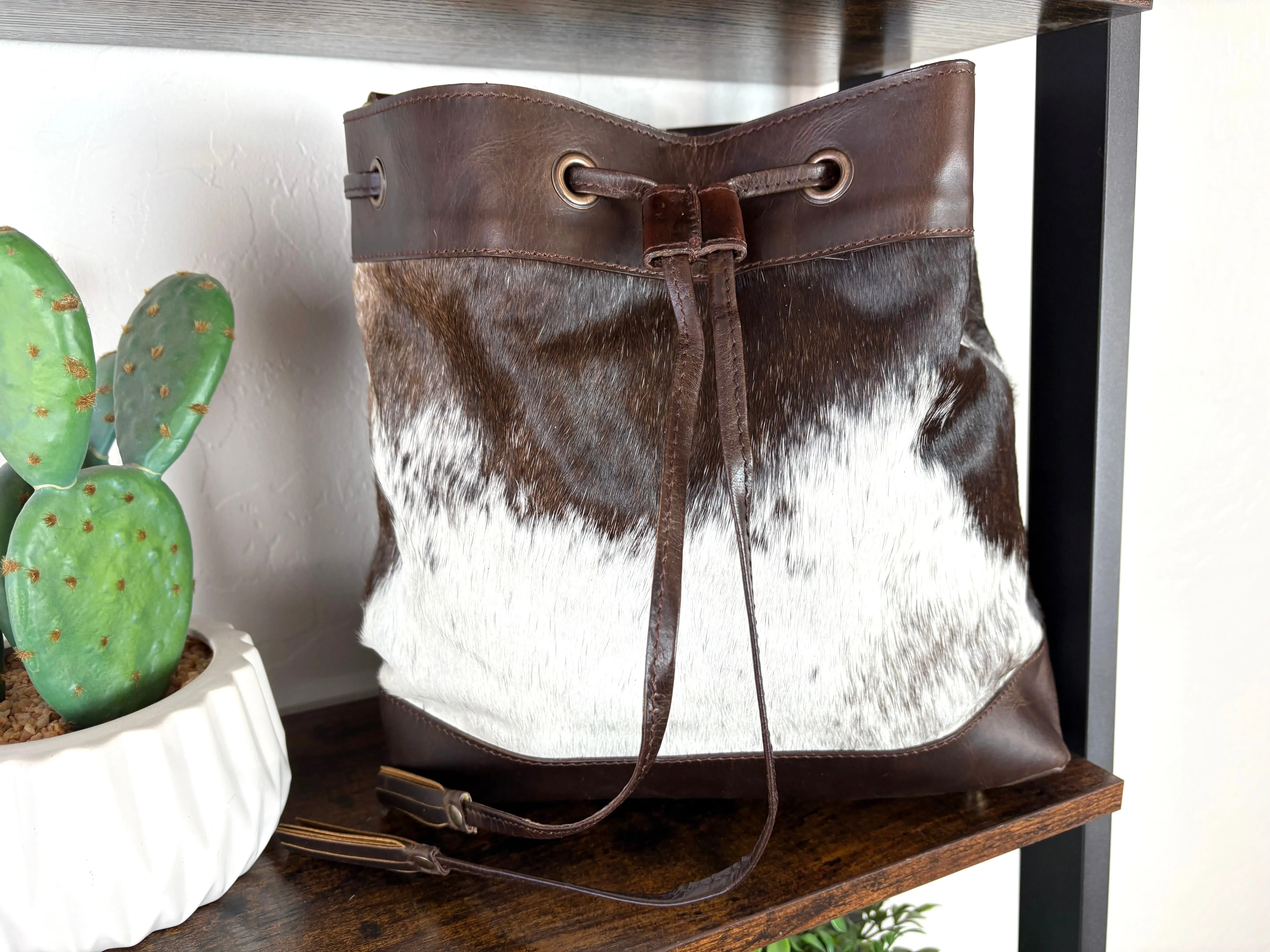 Cowhide and Leather Western Drawstring Bucket Bag