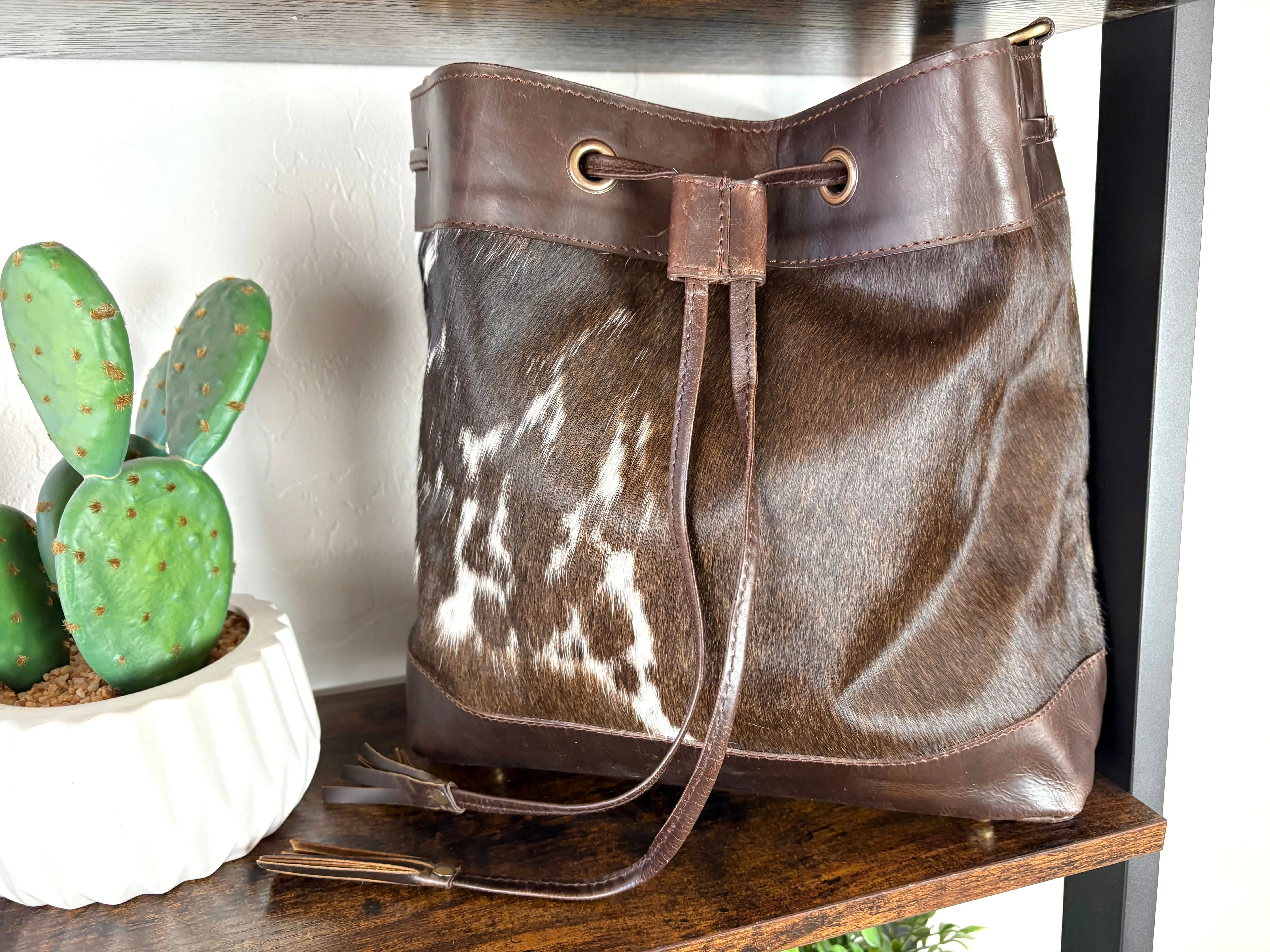 Cowhide and Leather Western Drawstring Bucket Bag