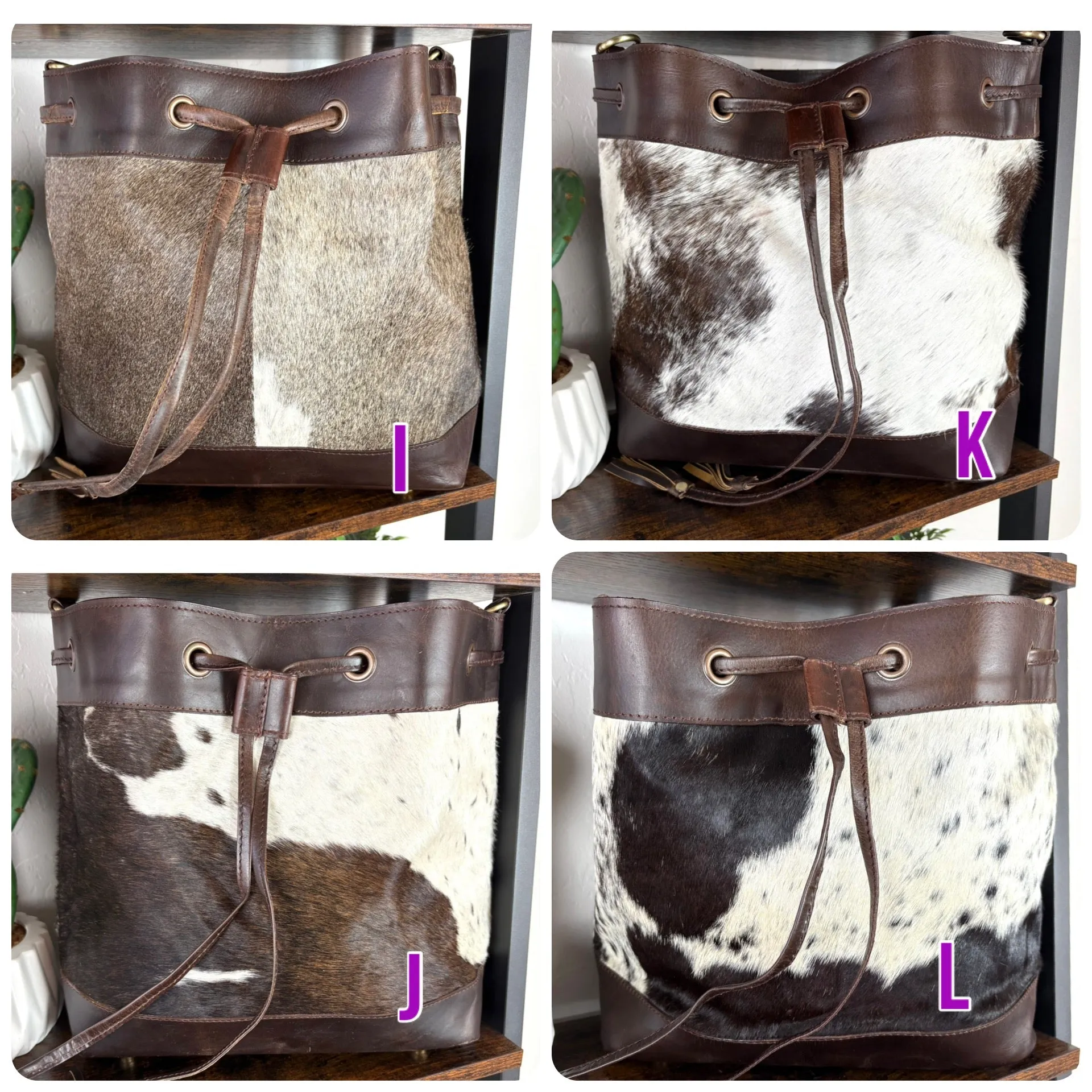 Cowhide and Leather Western Drawstring Bucket Bag