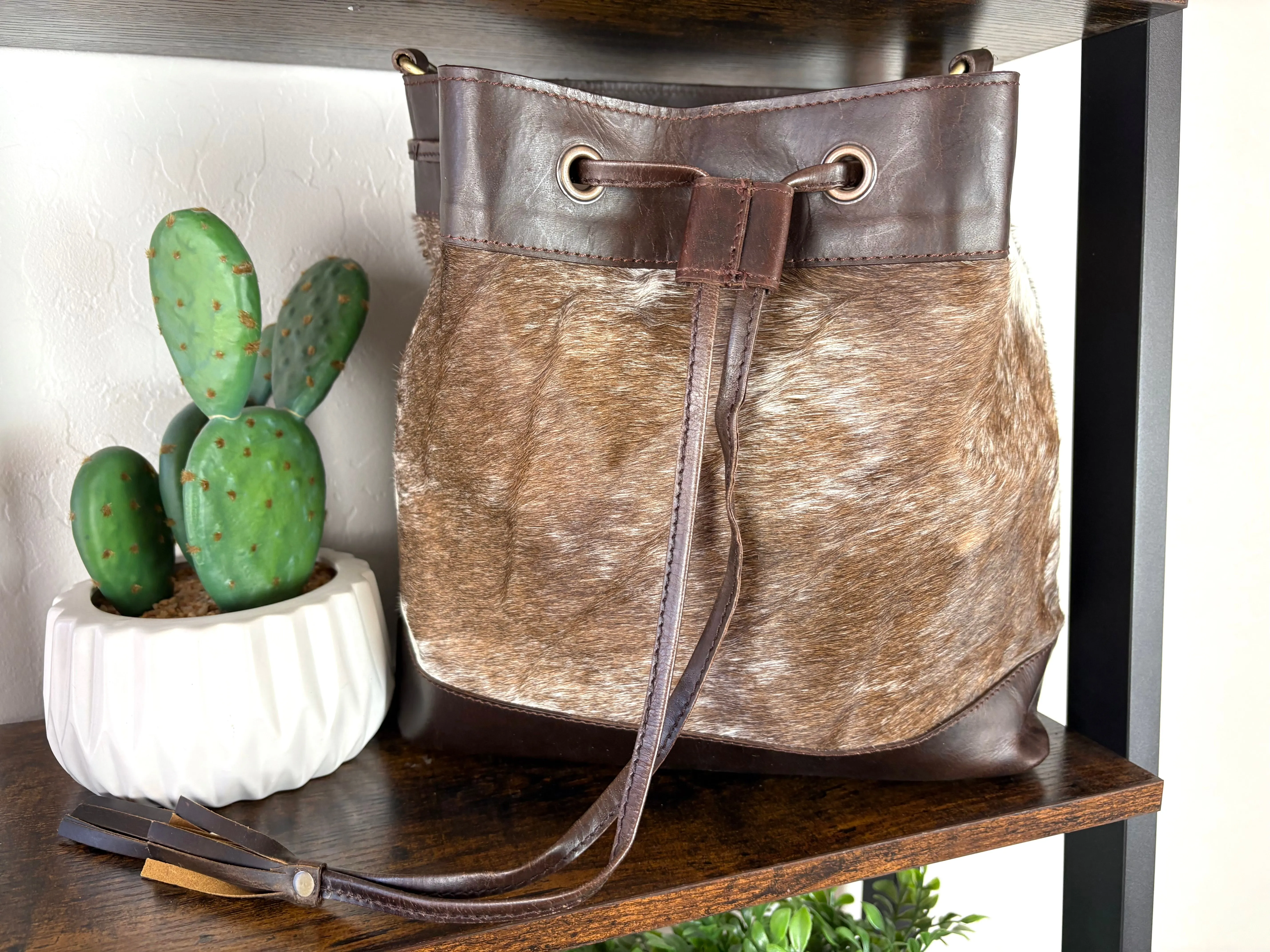 Cowhide and Leather Western Drawstring Bucket Bag