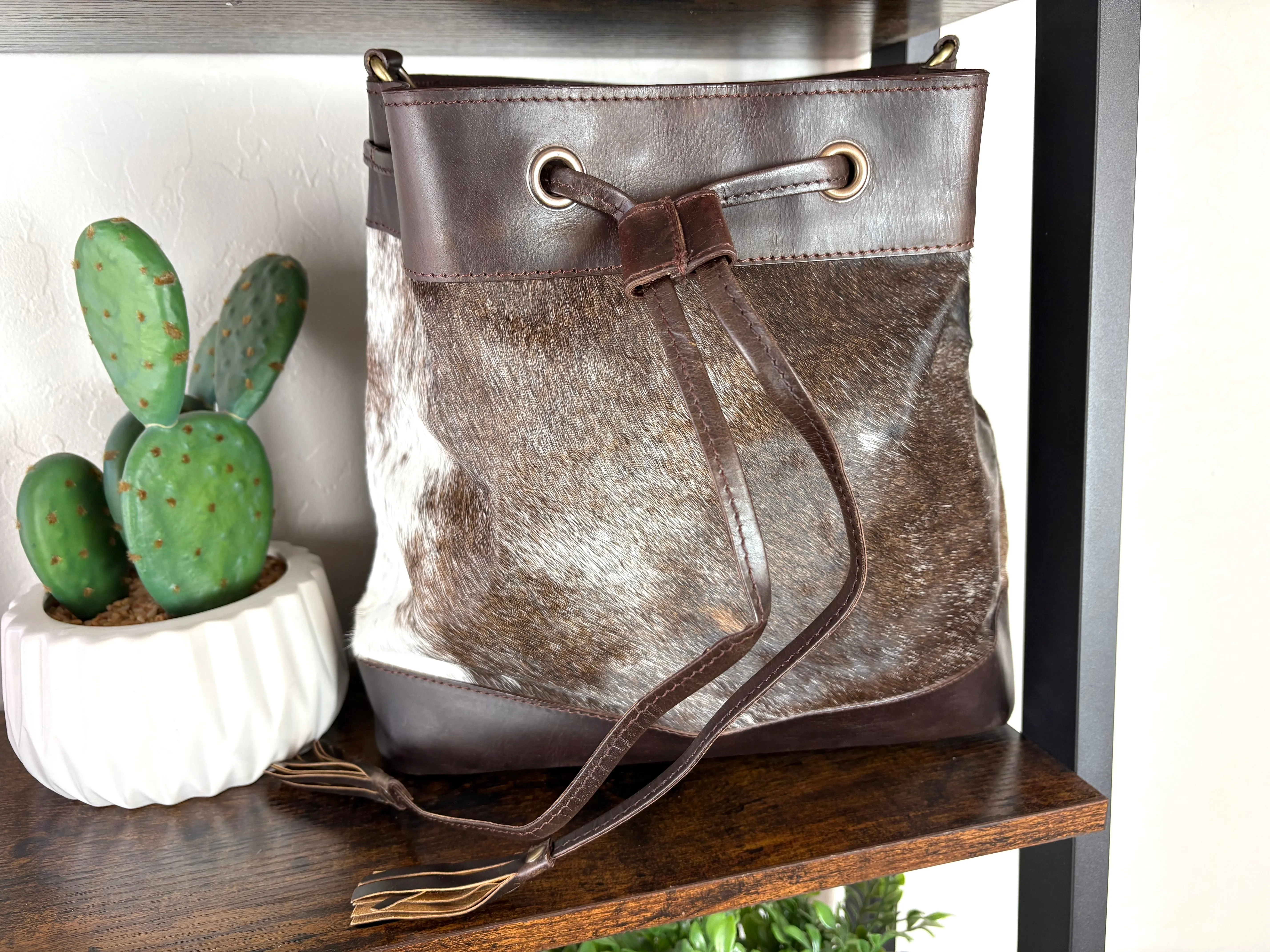 Cowhide and Leather Western Drawstring Bucket Bag