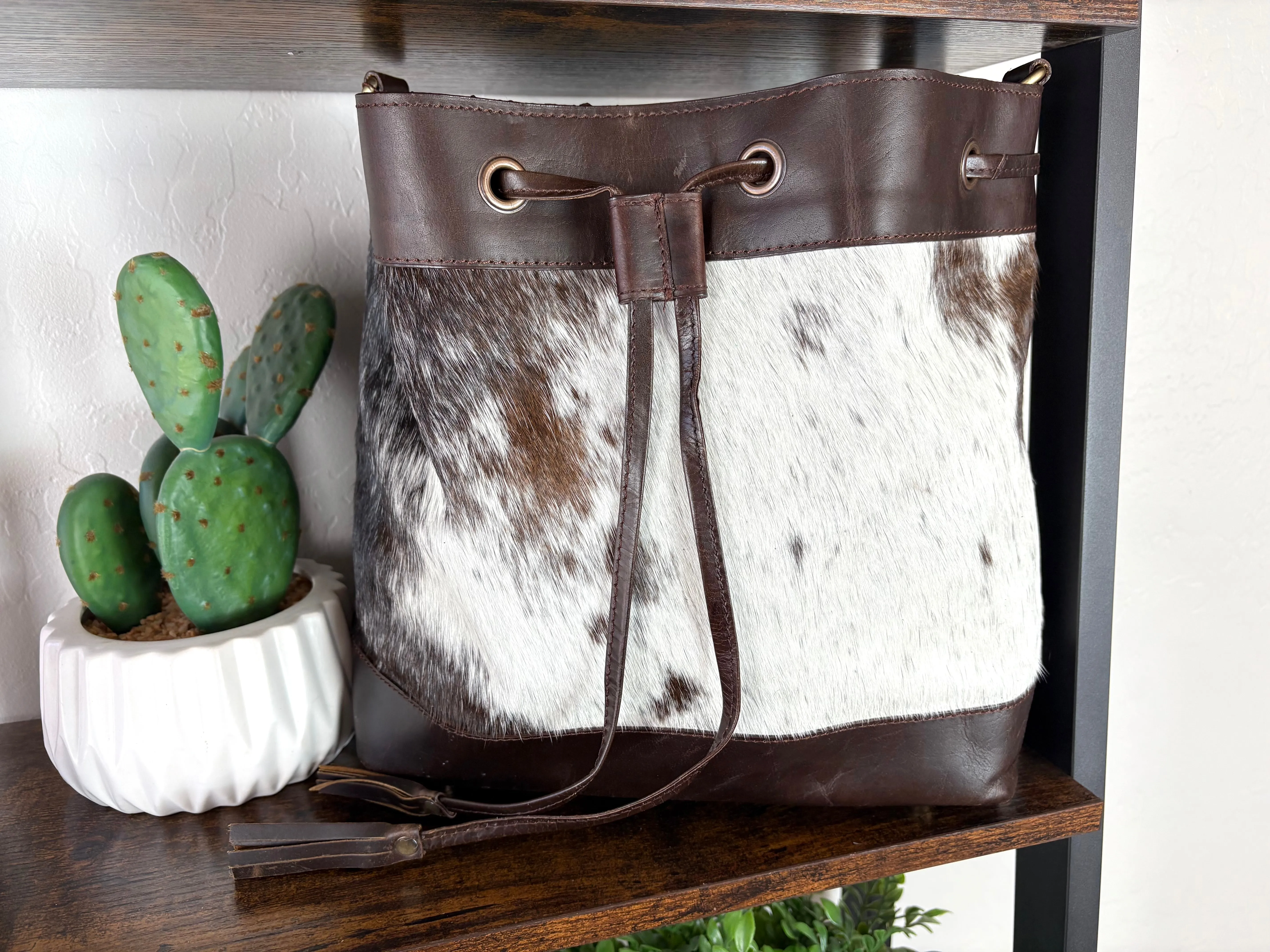 Cowhide and Leather Western Drawstring Bucket Bag