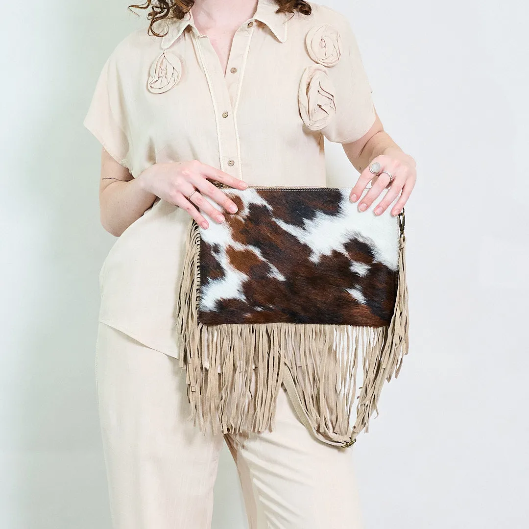 Cowhide and suede fringe crossbody bag wholesale