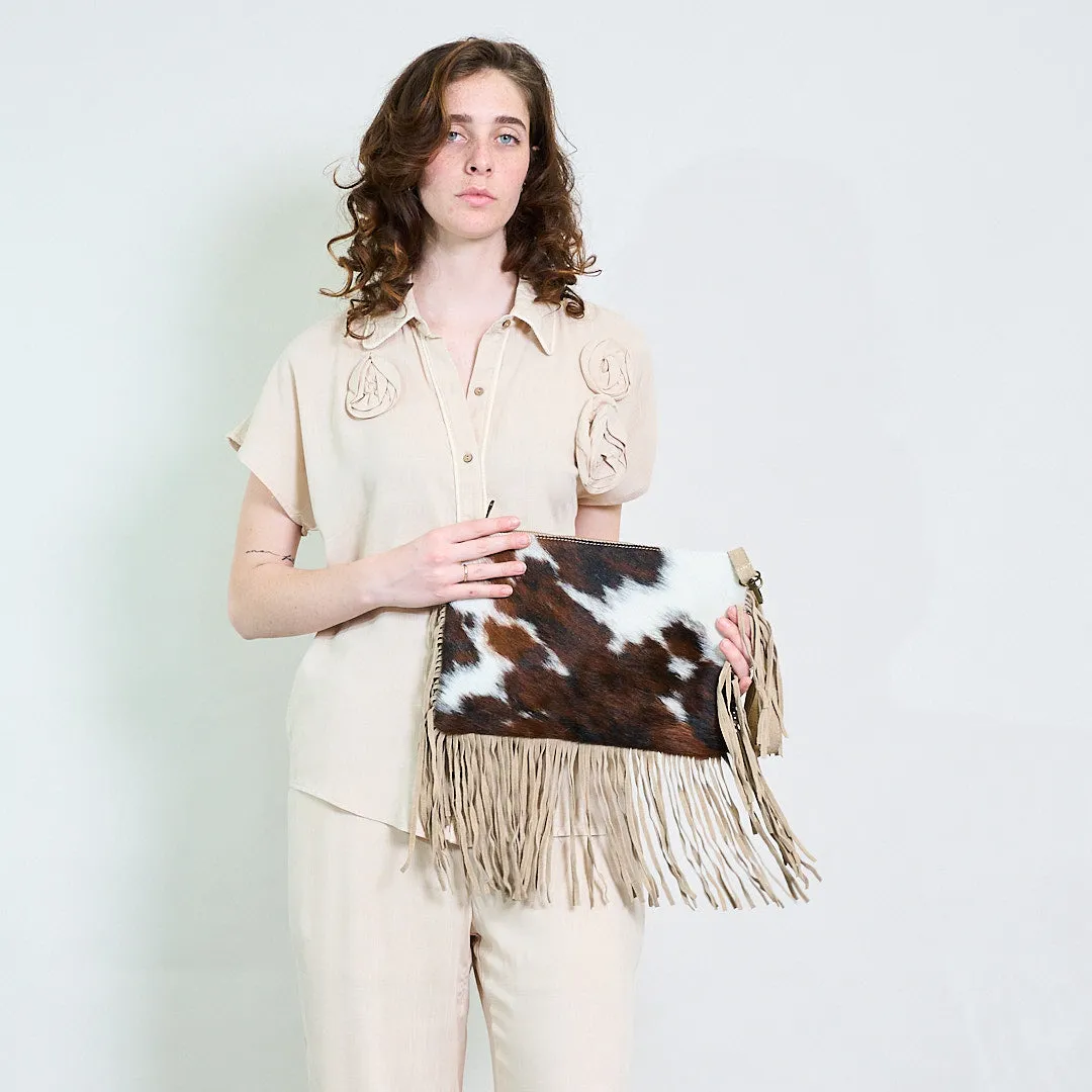 Cowhide and suede fringe crossbody bag wholesale