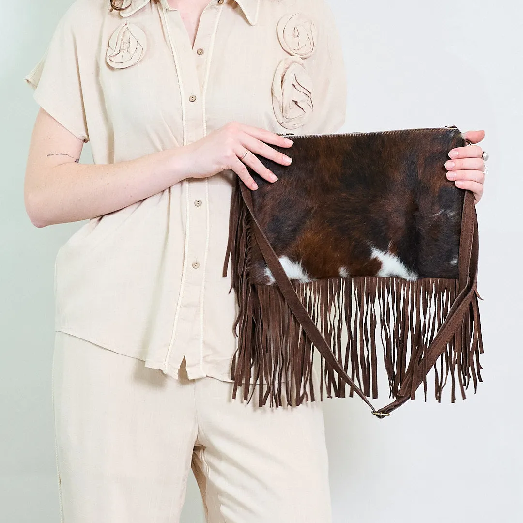 Cowhide and suede fringe crossbody bag wholesale