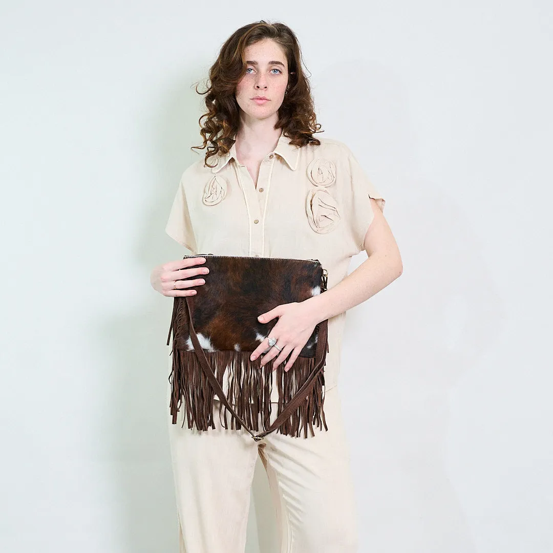 Cowhide and suede fringe crossbody bag wholesale