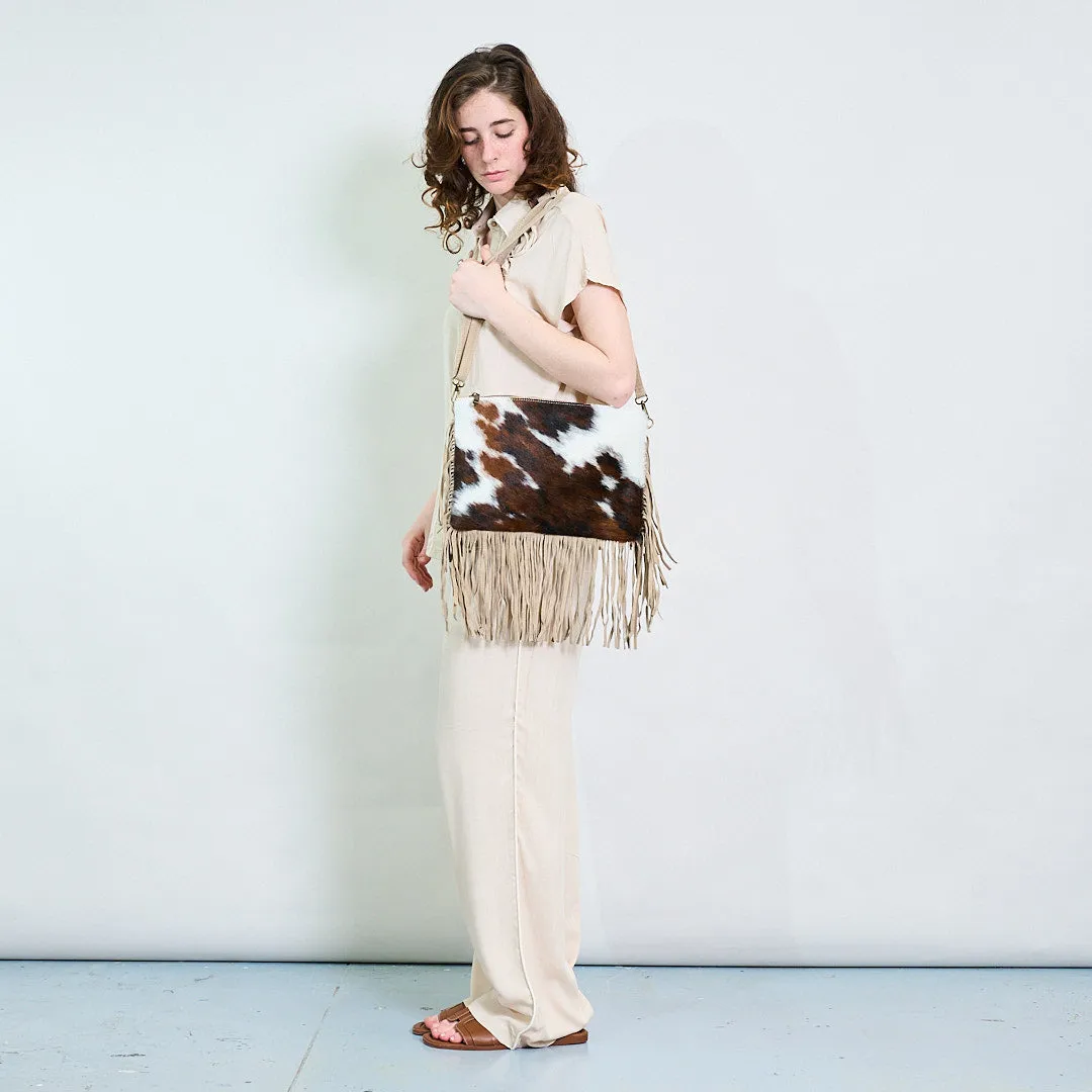 Cowhide and suede fringe crossbody bag wholesale