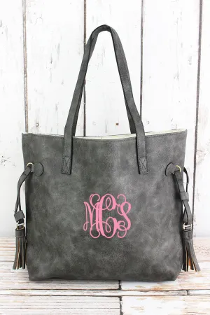 Dark Gray Faux Leather Side Tassel Tote