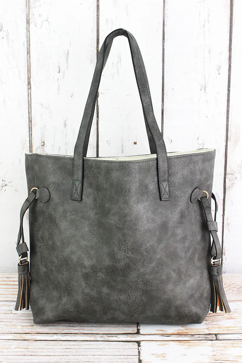 Dark Gray Faux Leather Side Tassel Tote