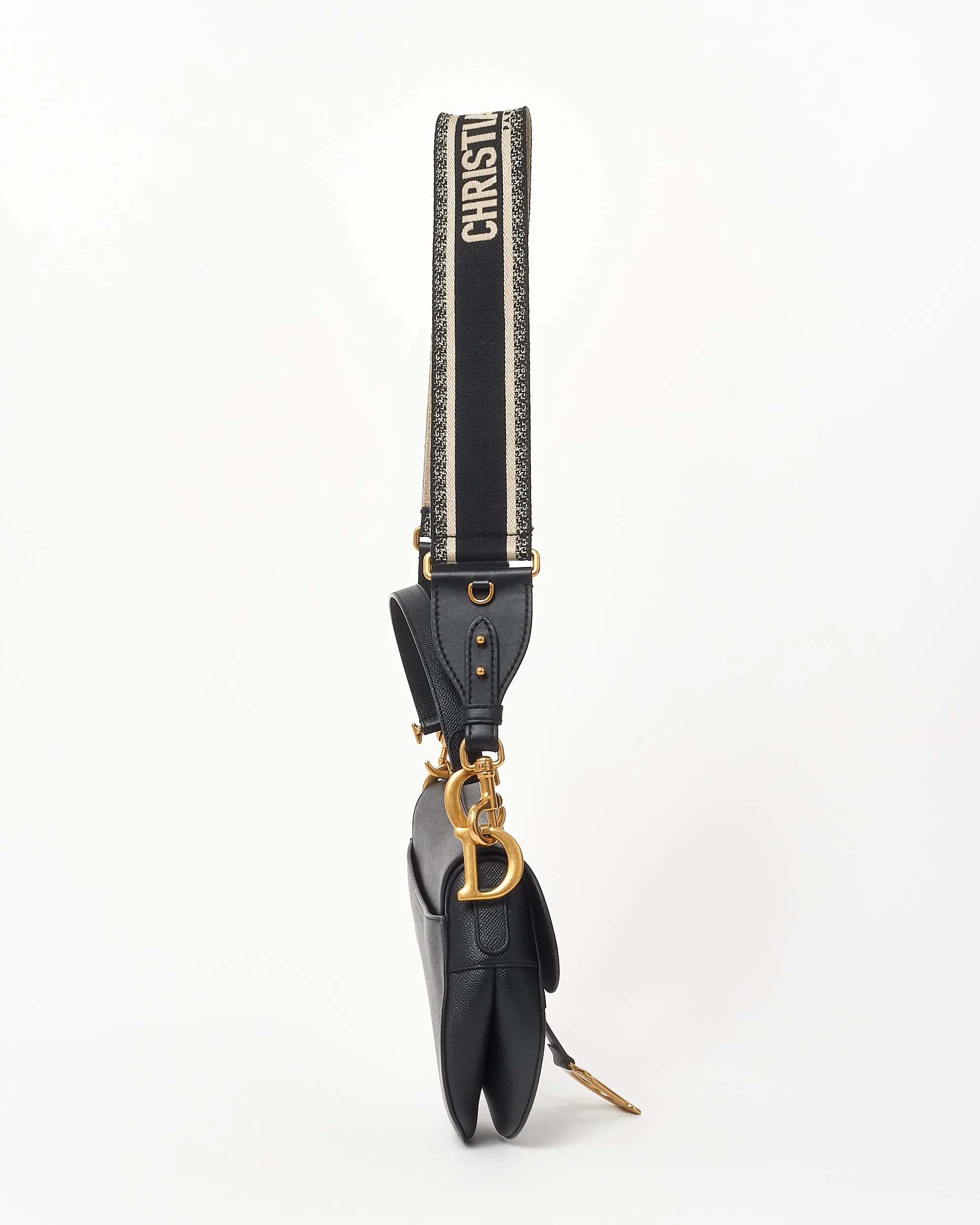 Dior Black Grained Leather Saddle Bag W/ Black & White Embroidered Guitar Strap