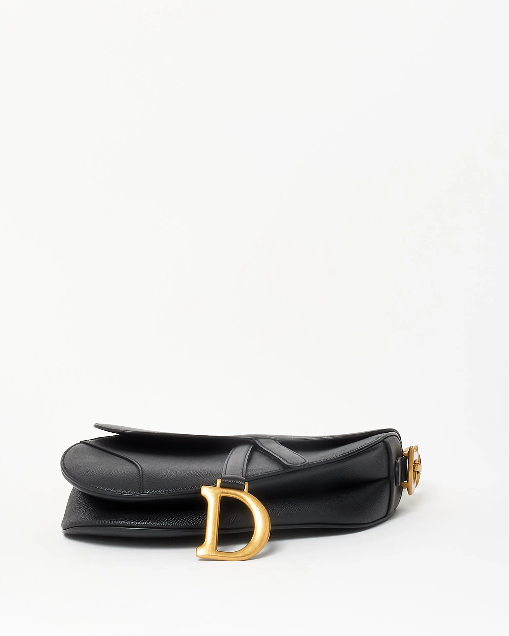 Dior Black Grained Leather Saddle Bag W/ Black & White Embroidered Guitar Strap