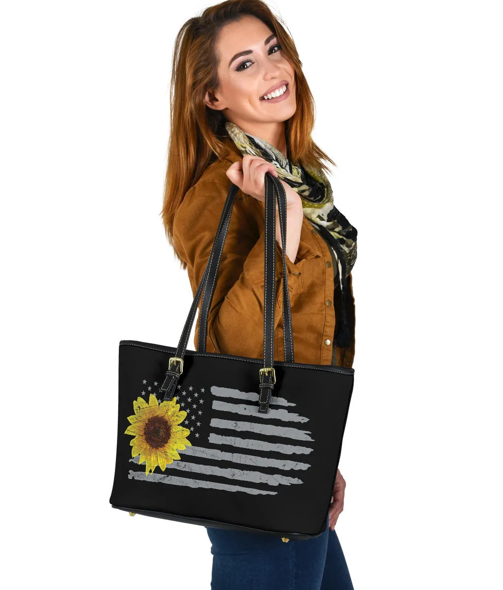 Distressed American Flag With Sunflower Vegan Leather Tote Bag