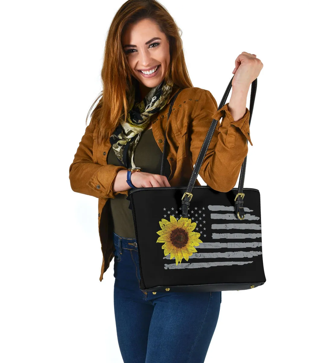 Distressed American Flag With Sunflower Vegan Leather Tote Bag